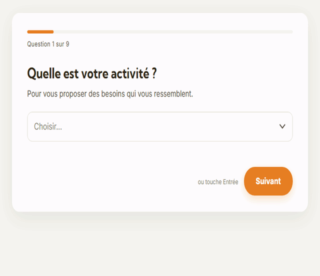 Démonstration du cahier des charges express : activité, équipe, logiciels, applications et besoins, puis le PDF