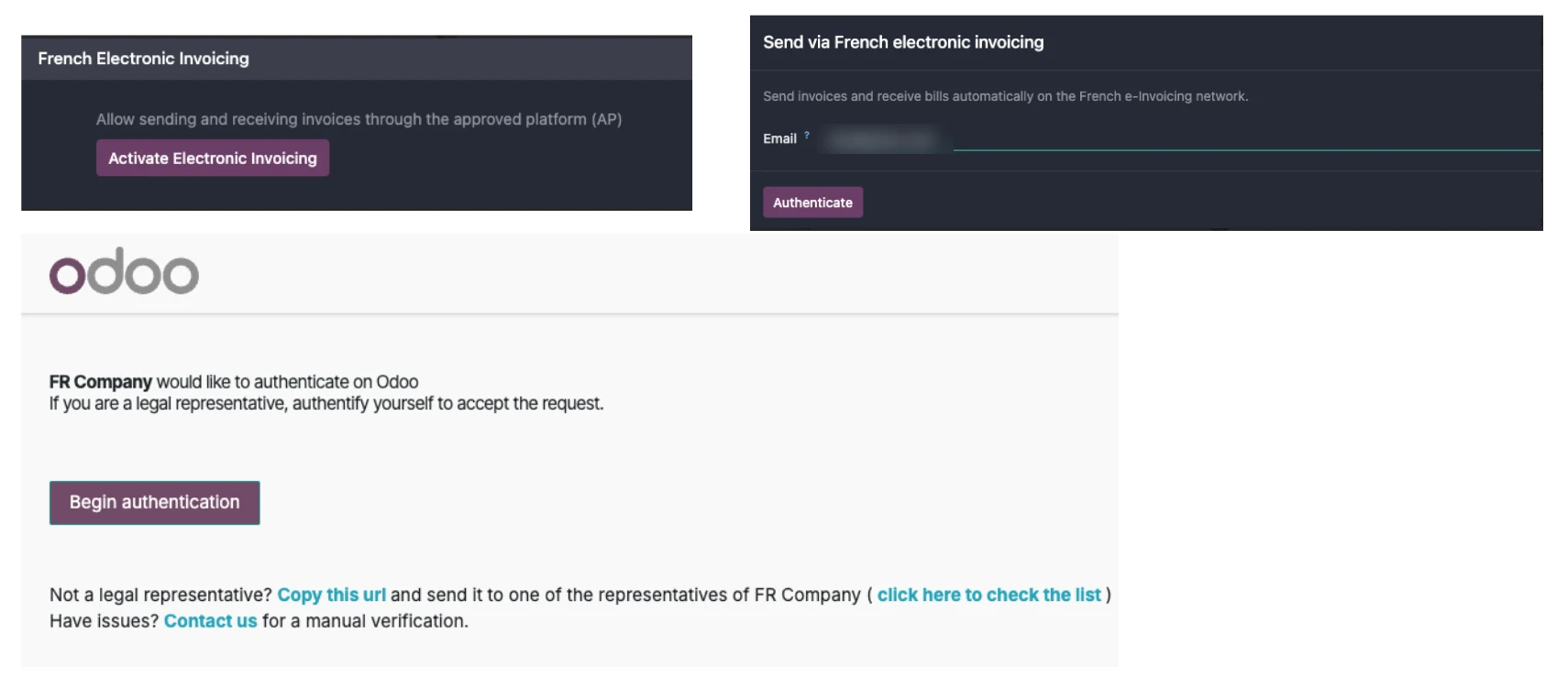 Le bouton Activate Electronic Invoicing, la saisie de l'e-mail et la page d'authentification Odoo