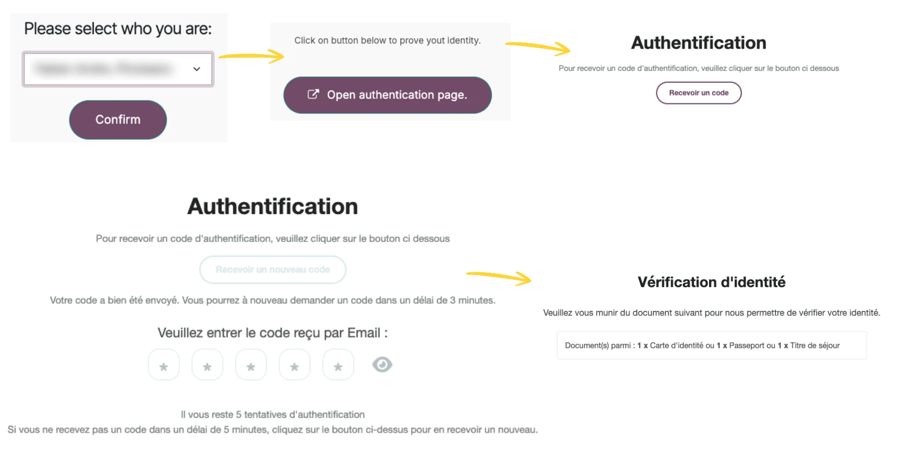 Choix du représentant légal, ouverture de la page d'authentification et saisie du code reçu par e-mail