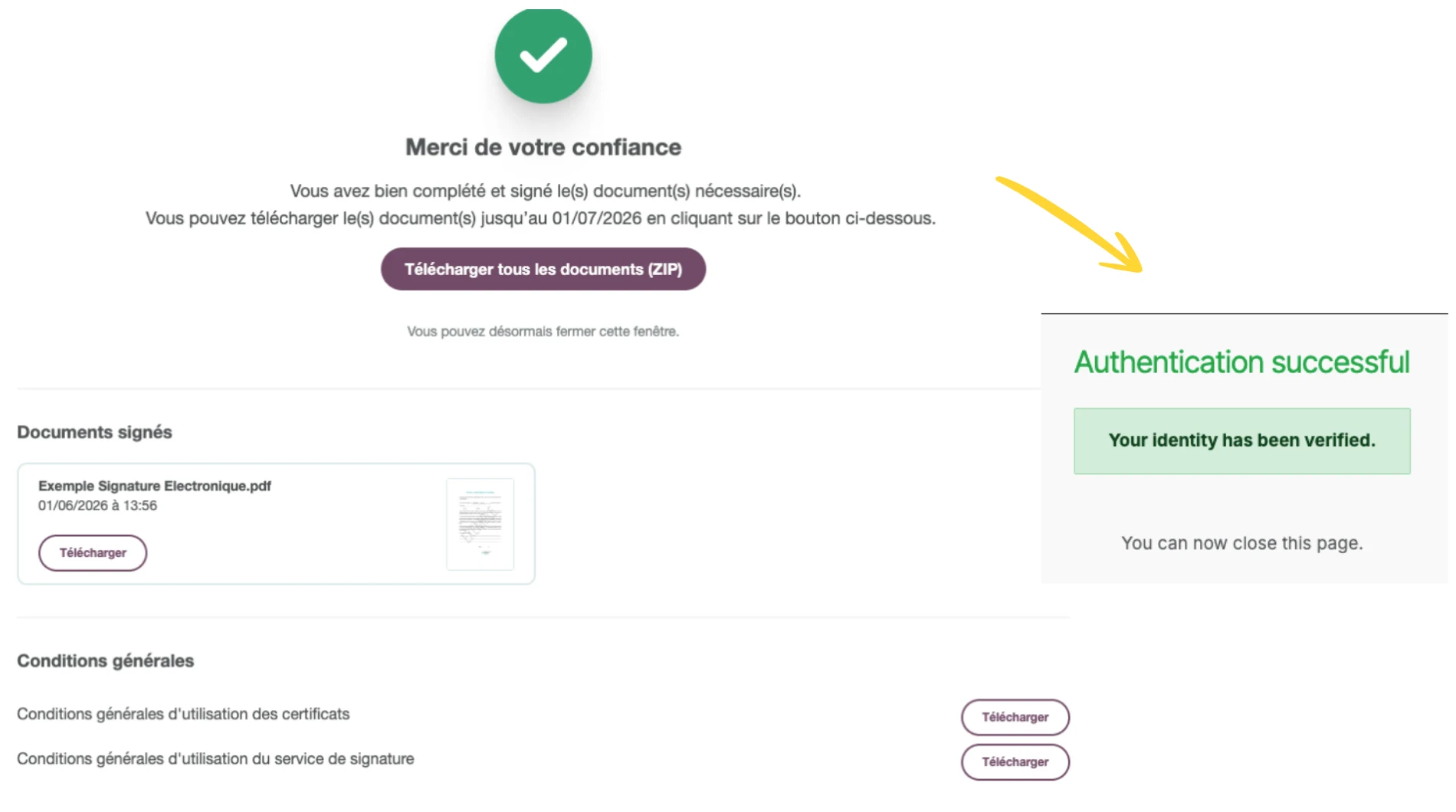 Confirmation de la signature et de la vérification d'identité