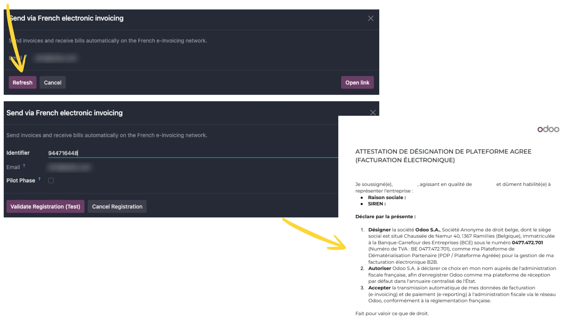 Fenêtre de validation de l'inscription dans Odoo et attestation de désignation