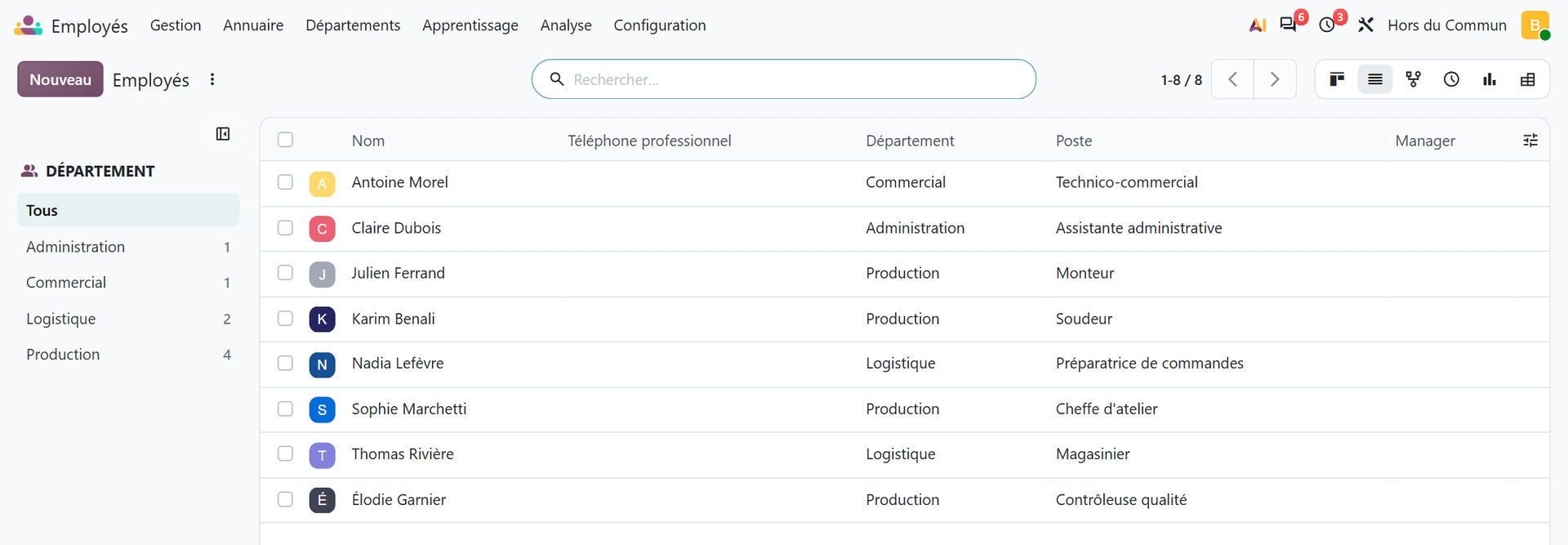Liste de l'application Employés d'Odoo 20 avec huit salariés répartis entre Production, Logistique, Commercial et Administration