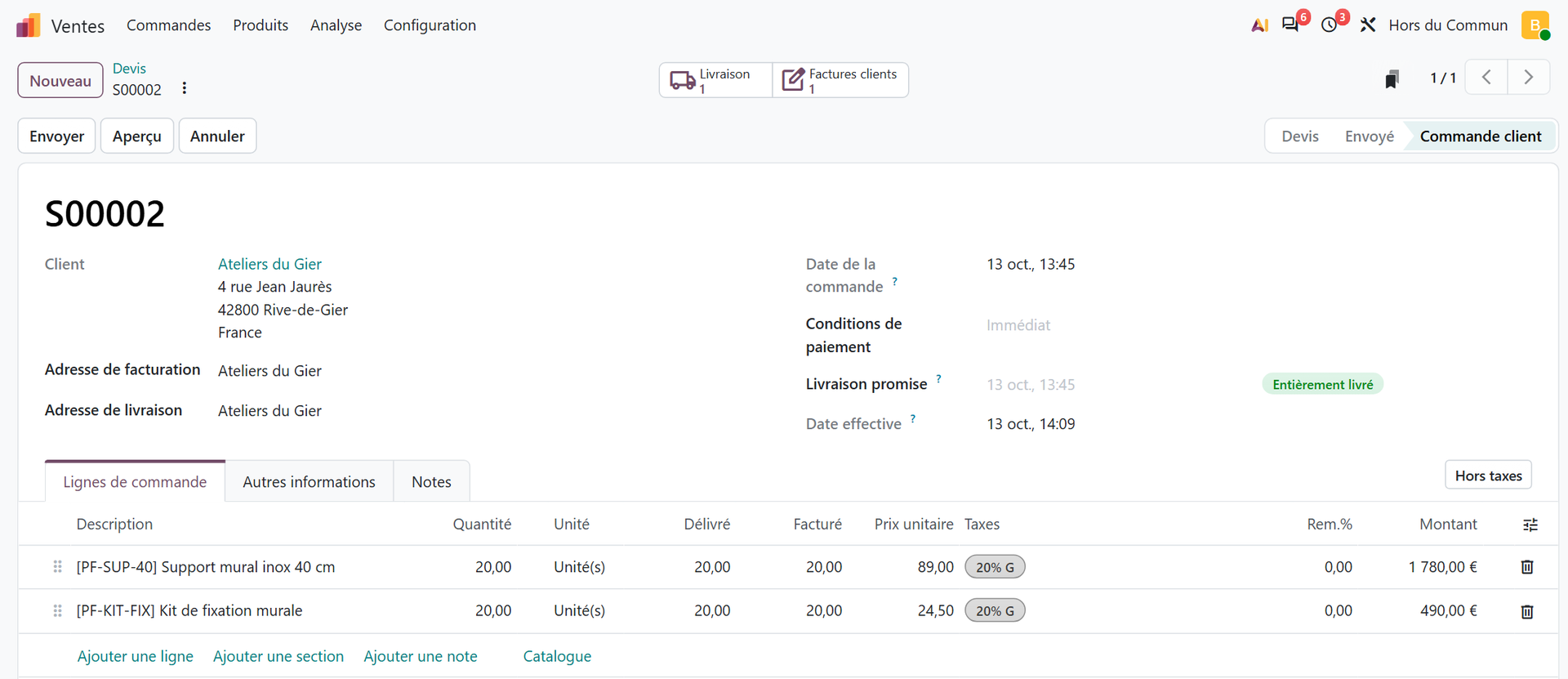 Commande client confirmée dans Odoo 20, avec les boutons Livraison et Factures clients, le statut Entièrement livré et les colonnes Délivré et Facturé