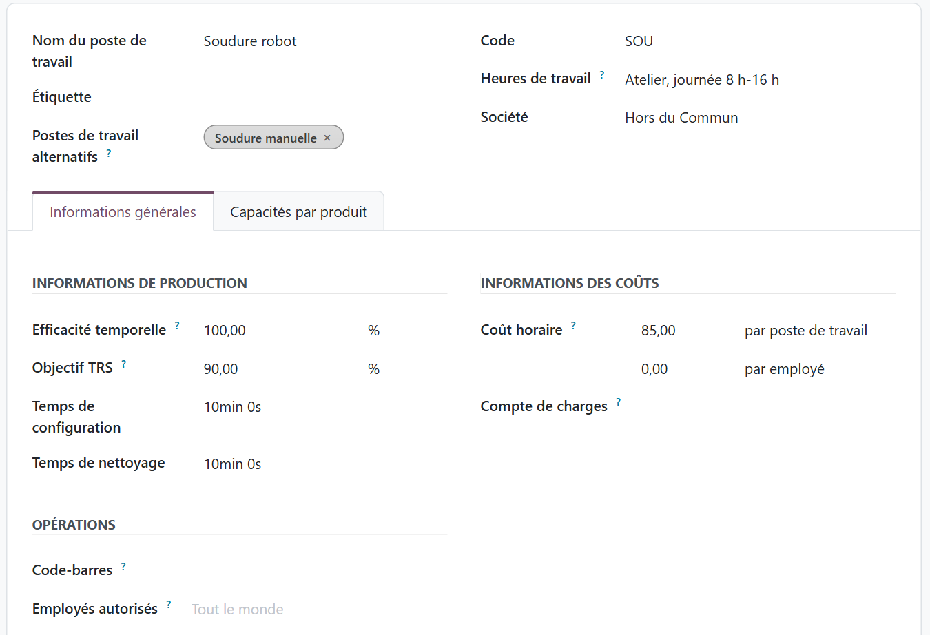 Fiche du poste de travail Soudure robot dans Odoo 20, avec ses heures de travail, son poste alternatif Soudure manuelle, son efficacité temporelle et ses temps de configuration et de nettoyage