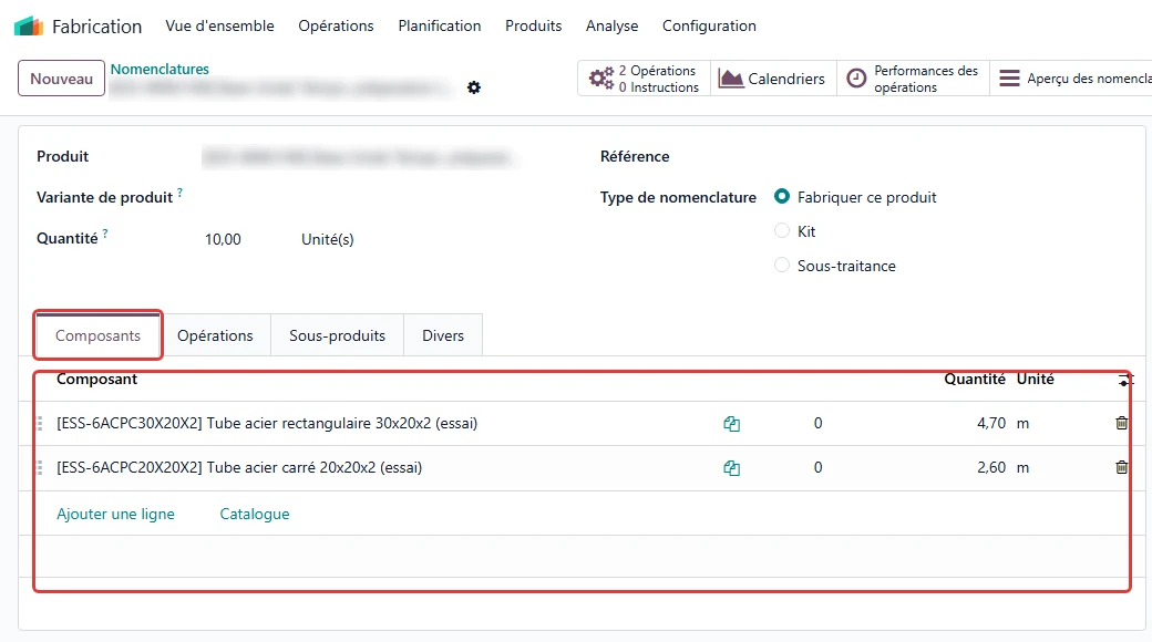 Fiche de formation : capture d’un écran Odoo, l’onglet Composants d’une nomenclature encadré en rouge
