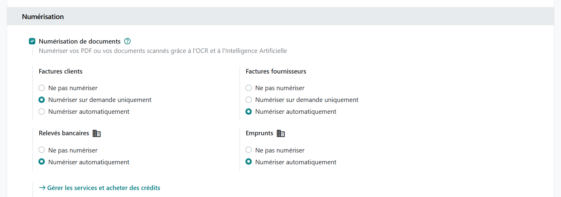 Section Numérisation des paramètres de Comptabilité d'Odoo 20 avec les options par type de document et le lien d'achat de crédits