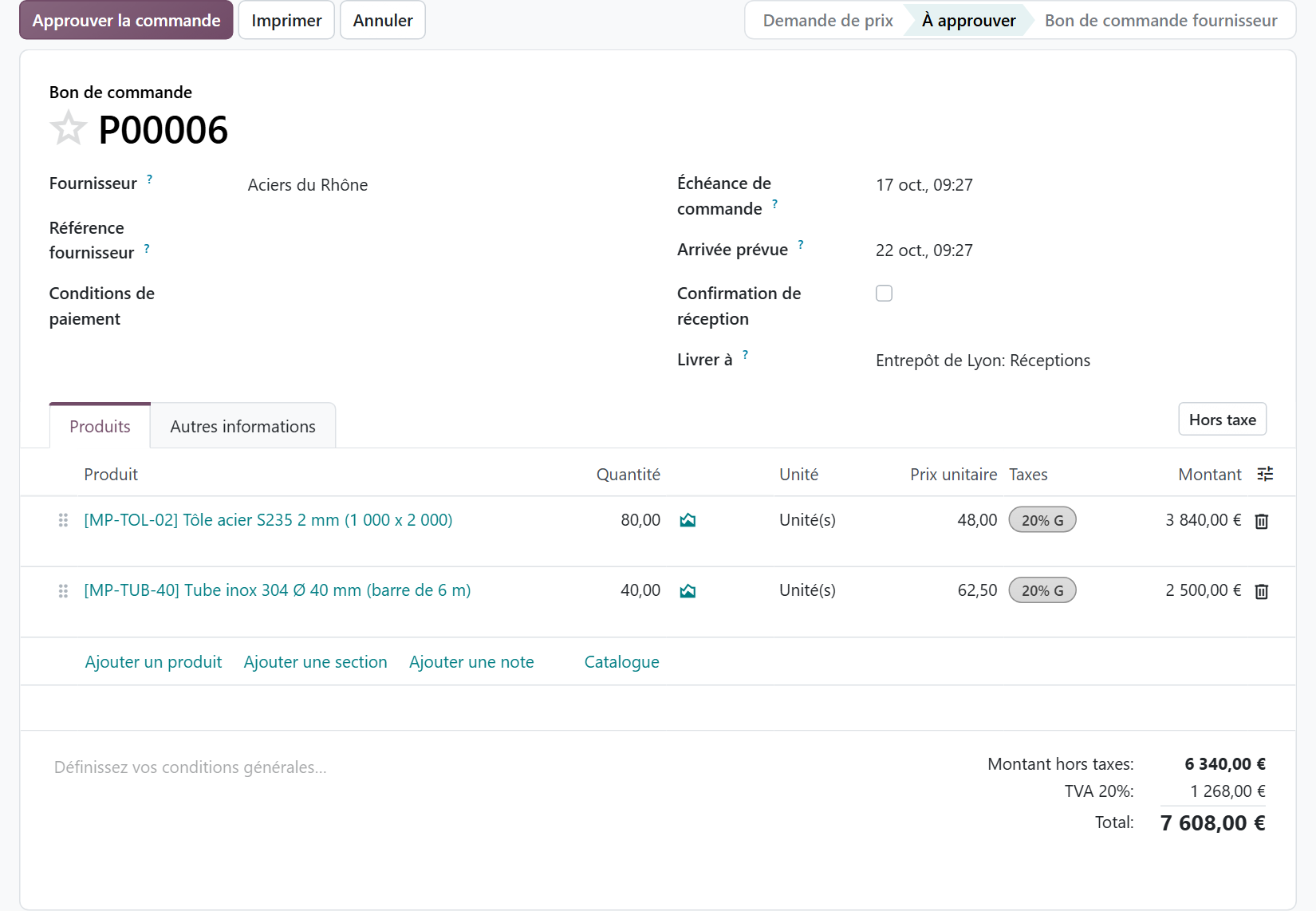 Commande fournisseur P00006 d'Odoo 20 au statut À approuver, avec le bouton Approuver la commande et un total de 7 608 euros
