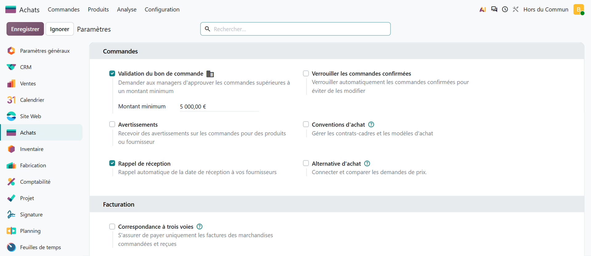 Paramètres de l'application Achats d'Odoo 20 avec Validation du bon de commande cochée et un montant minimum de 5 000 euros
