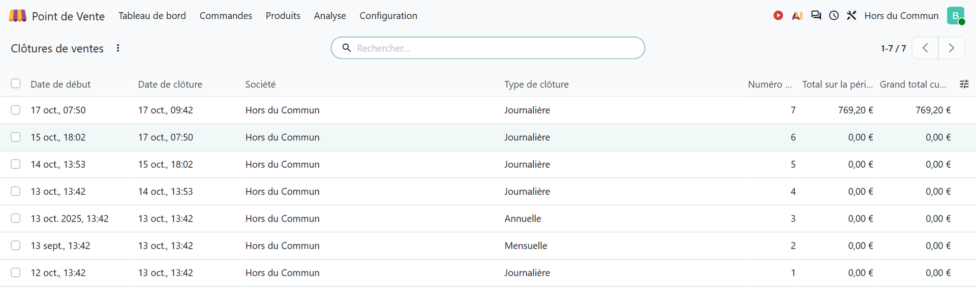 Liste des clôtures de ventes d'Odoo 20 avec les clôtures journalières, mensuelle et annuelle et leurs totaux