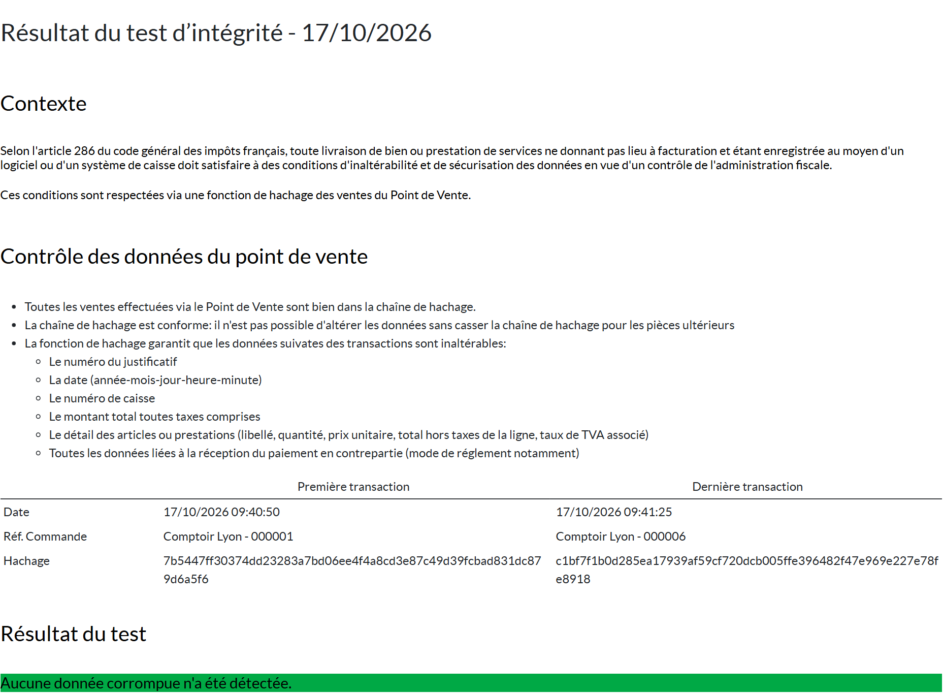 Rapport Résultat du test d'intégrité d'Odoo 20 indiquant qu'aucune donnée corrompue n'a été détectée