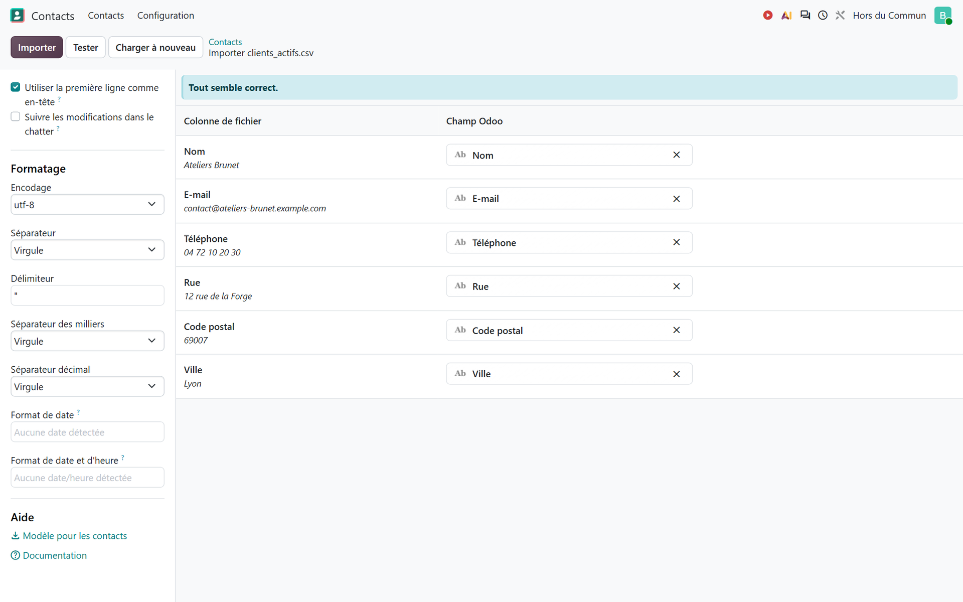 Outil d'import d'Odoo 20 dans Contacts : fichier de clients actifs testé, message Tout semble correct et correspondance des colonnes avec les champs Odoo