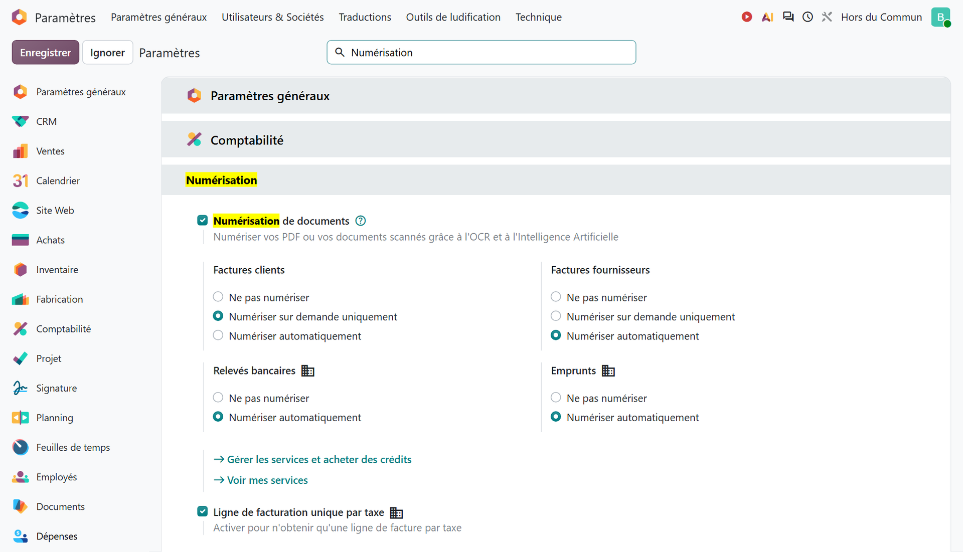Document digitization settings in Odoo 20 Accounting, with the options for vendor bills