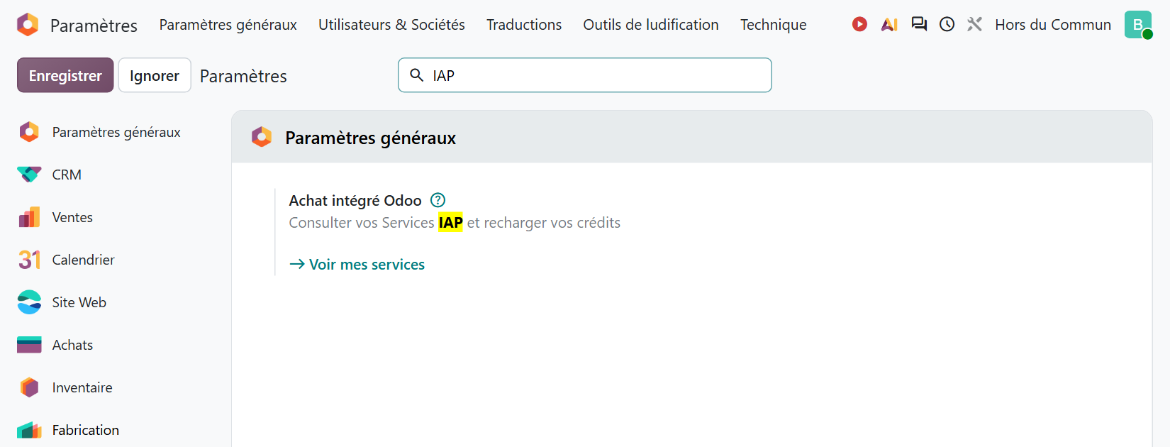 Odoo 20 General Settings filtered on IAP, with the Odoo IAP block and the View My Services link