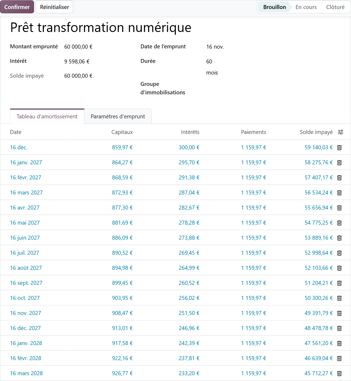 Fiche Emprunt d'Odoo 20 avec un prêt fictif de 60 000 euros sur 60 mois et son tableau d'amortissement mensuel