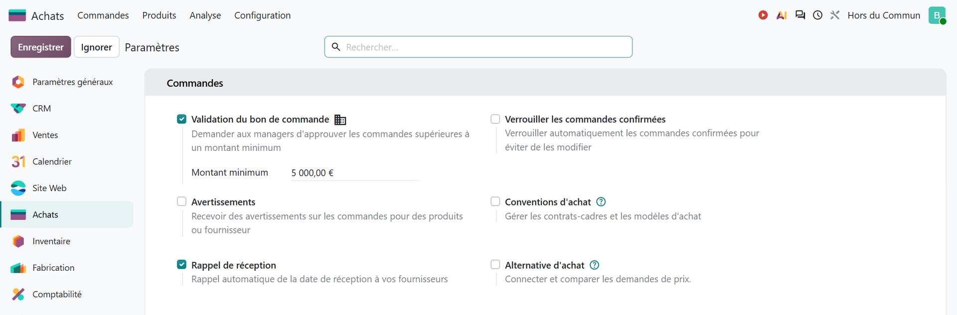 Paramètres de l'application Achats d'Odoo 20 avec l'option Validation du bon de commande cochée et un montant minimum de 5 000 euros