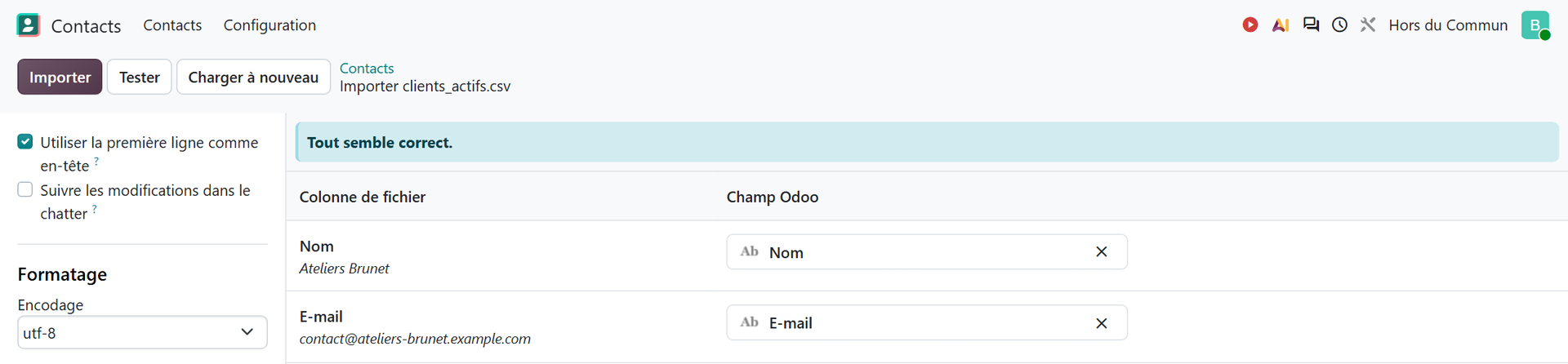 Écran d'import des contacts d'Odoo 20 après le bouton Tester, avec le message Tout semble correct et les colonnes du fichier associées aux champs Odoo