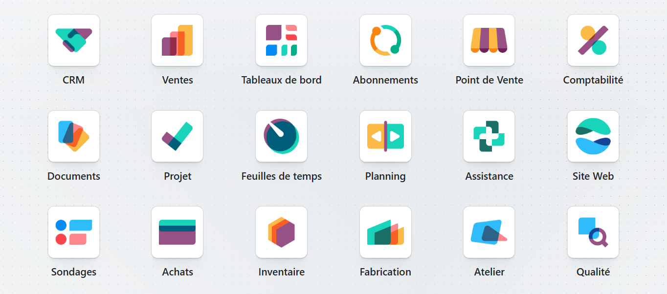 Applications de l'écran d'accueil d'une base Odoo 20 Enterprise : CRM, Ventes, Abonnements, Comptabilité, Documents, Planning, Assistance, Achats, Inventaire, Fabrication, Atelier et Qualité