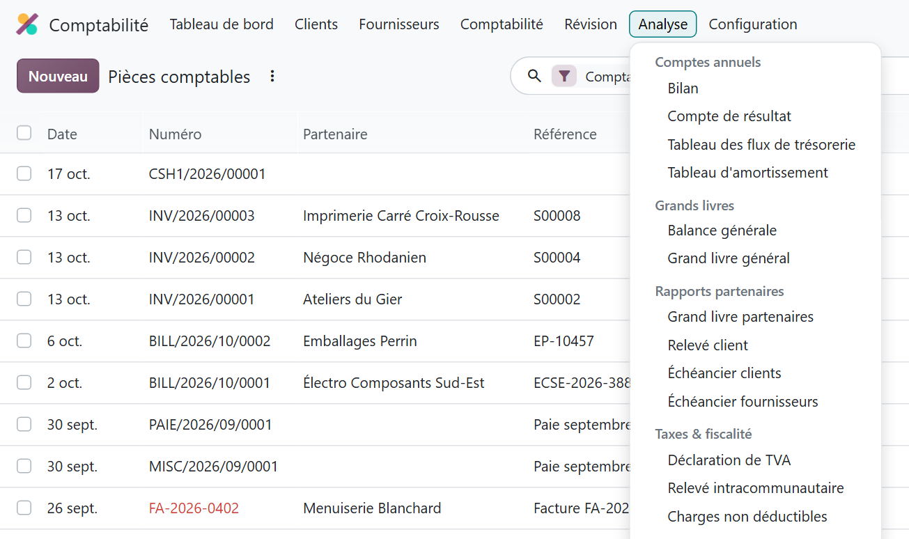 Menu Analyse de l'application Comptabilité d'Odoo 20 avec Bilan, Compte de résultat, Balance générale, Grand livre général et Déclaration de TVA