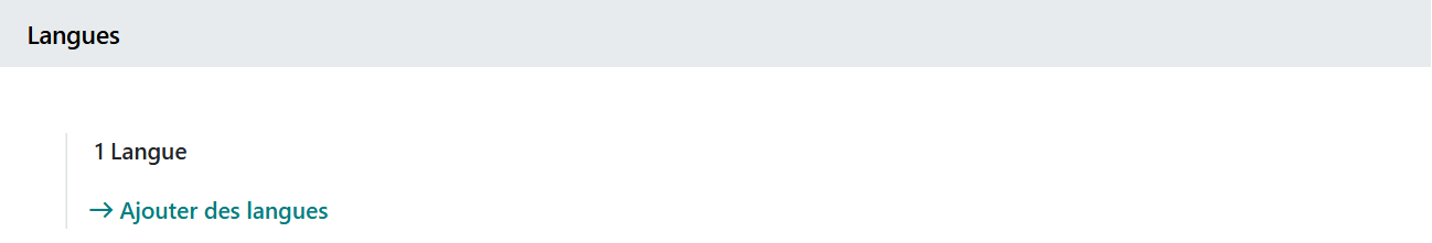 Section Langues des paramètres généraux d'Odoo 20 avec une seule langue installée et le lien Ajouter des langues