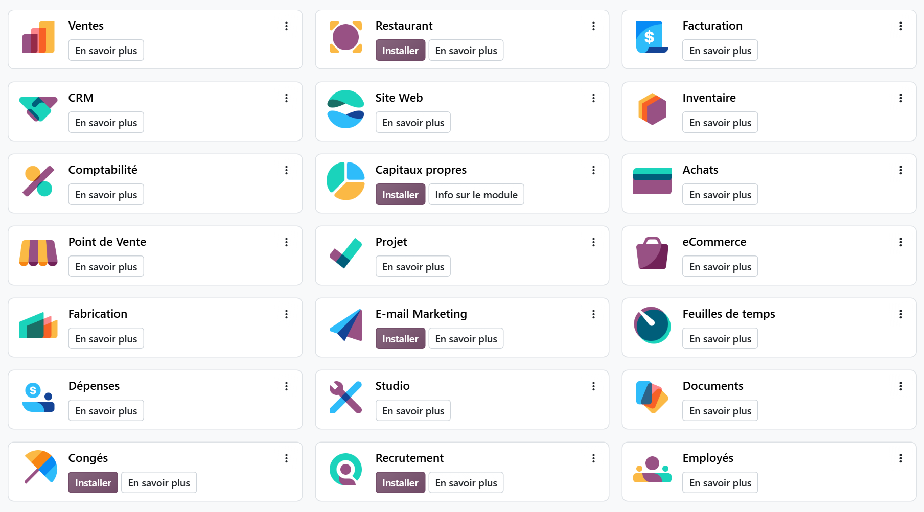 Écran Apps d'Odoo 20 avec les applications Ventes, CRM, Inventaire, Comptabilité, Achats, Fabrication, Projet et Studio