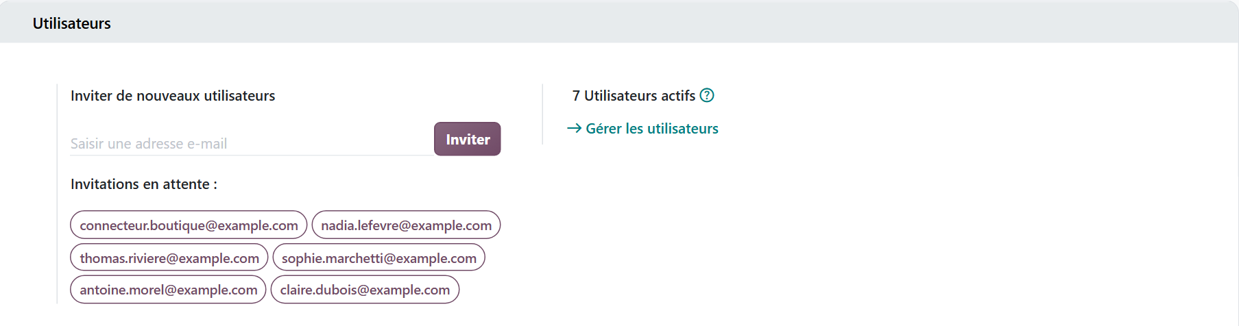 Bloc Utilisateurs des paramètres généraux d'Odoo 20 avec 7 utilisateurs actifs et des invitations en attente