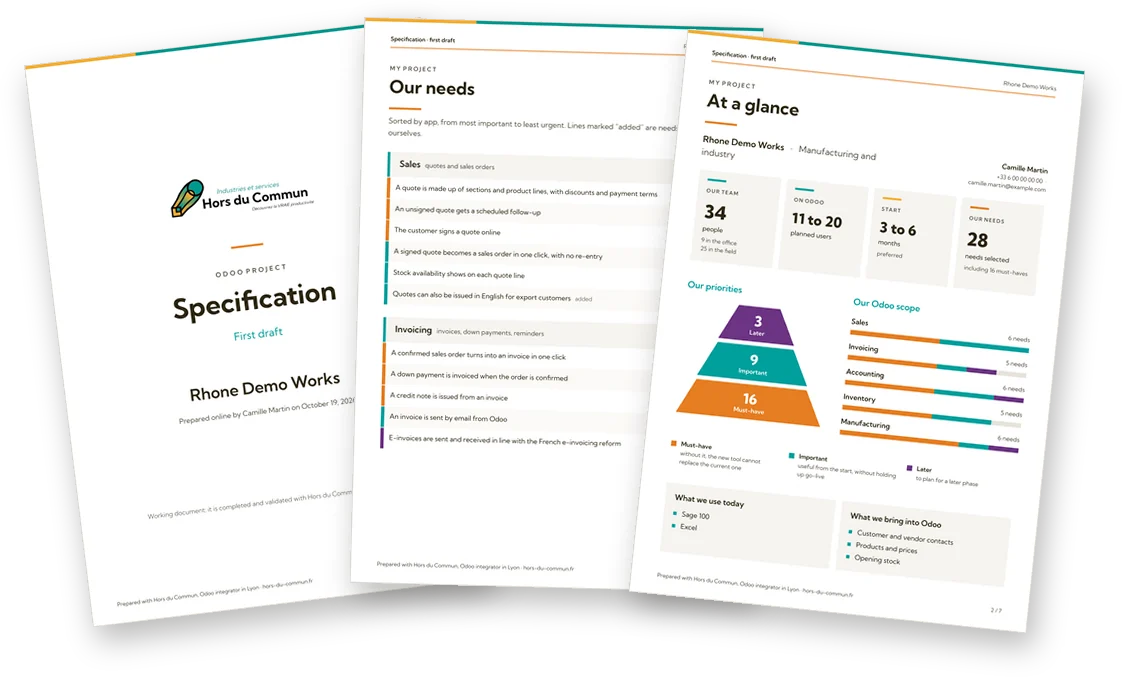 Three pages of a specification made with the Quick specification builder: the cover, the needs by app and the summary with the priority pyramid