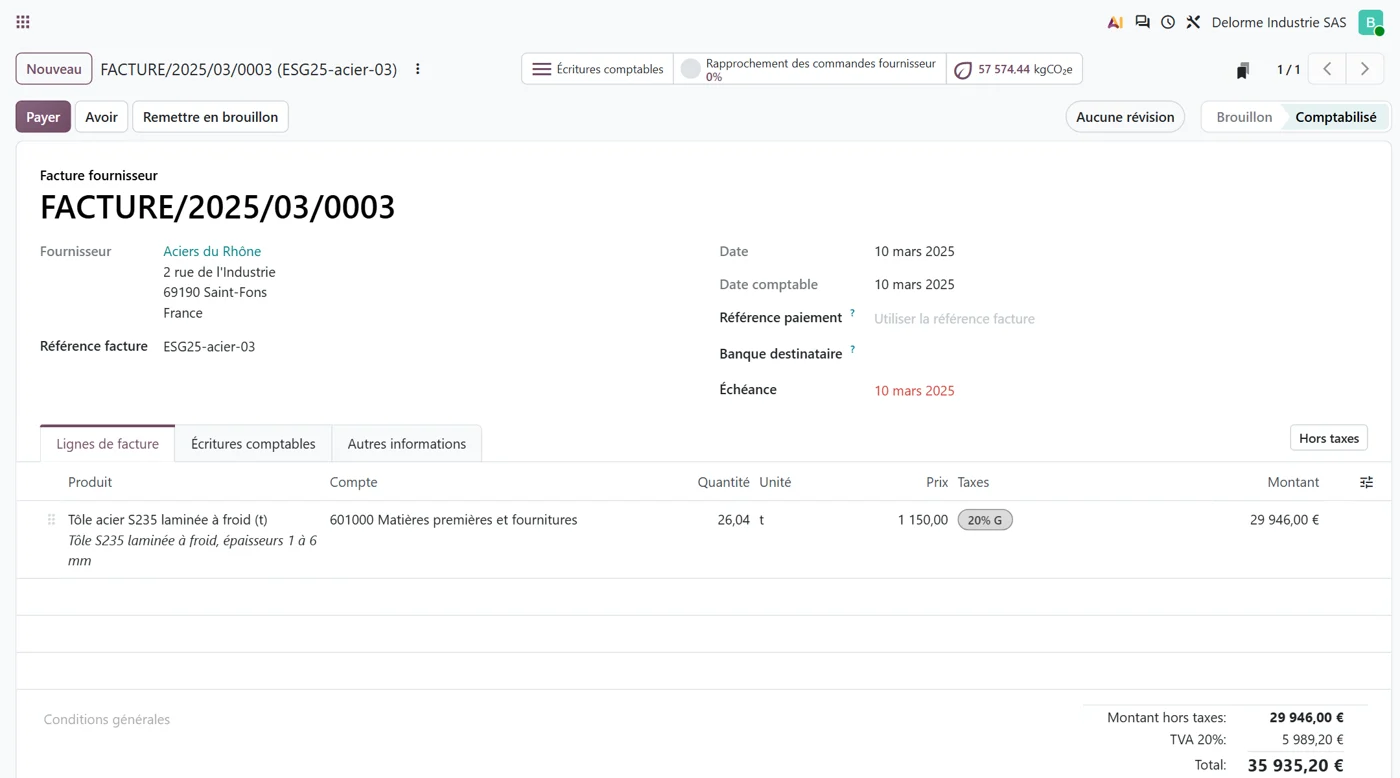 Capture d'Odoo 20 : une facture fournisseur et ses émissions calculées