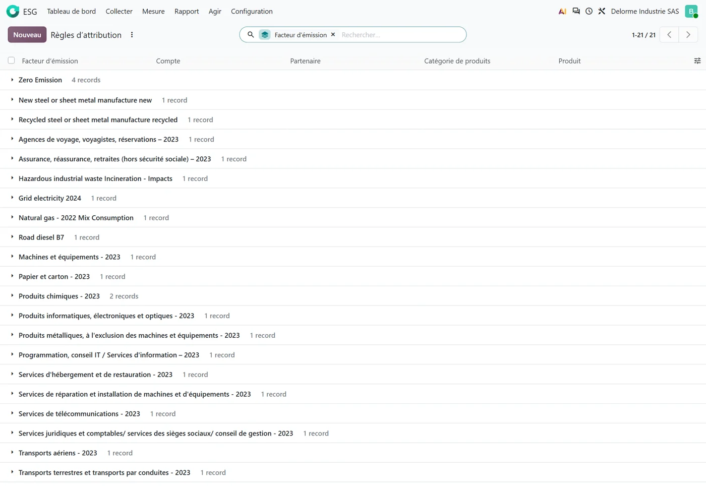 Capture d'Odoo 20 : les règles d'attribution des facteurs d'émission