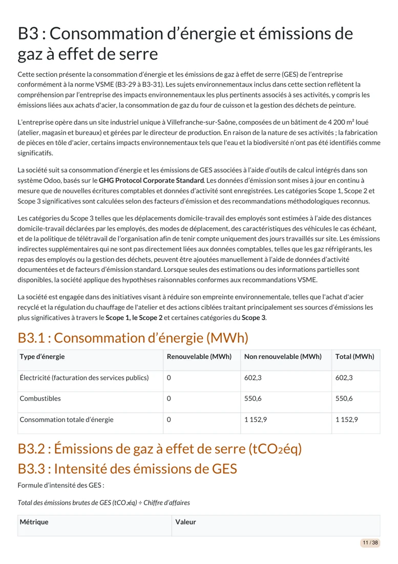 Page B3 du rapport VSME généré par Odoo : énergie et émissions