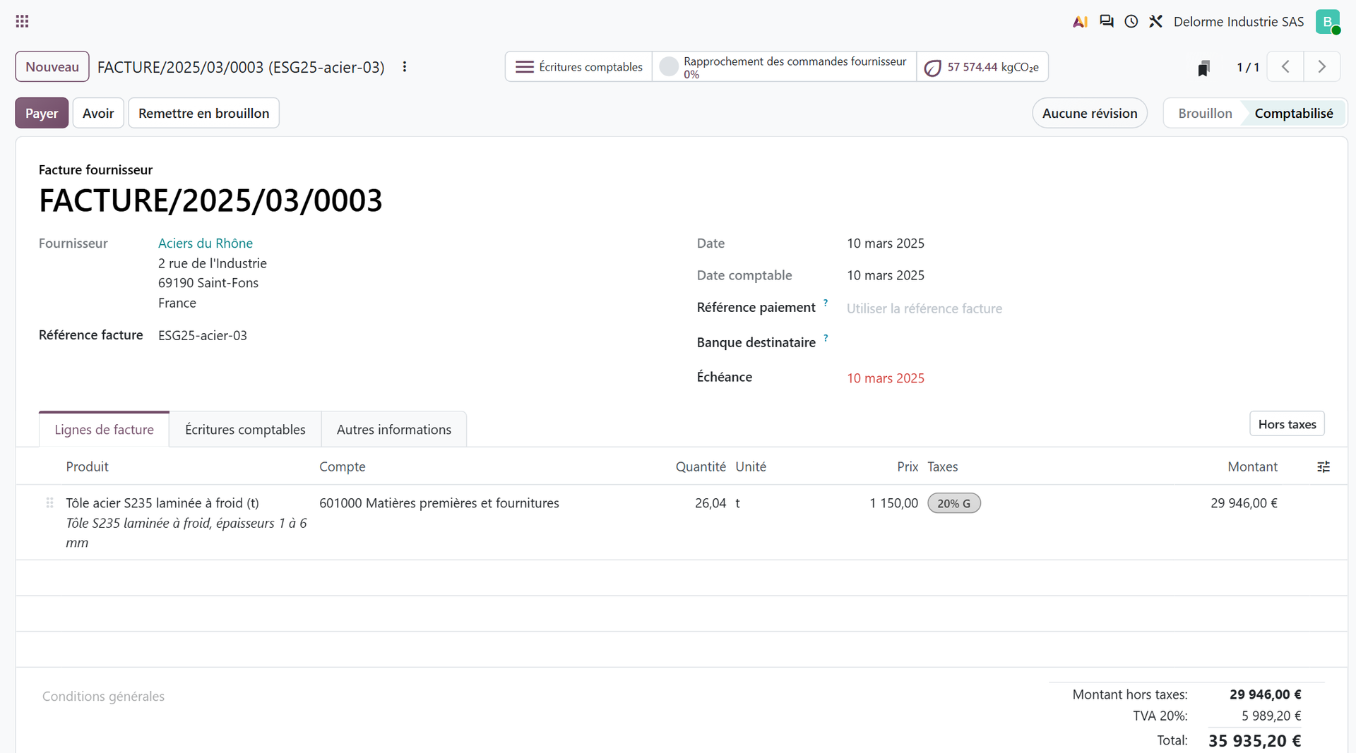 Facture fournisseur de tôle d'acier avec le bouton des émissions calculées dans Odoo 20