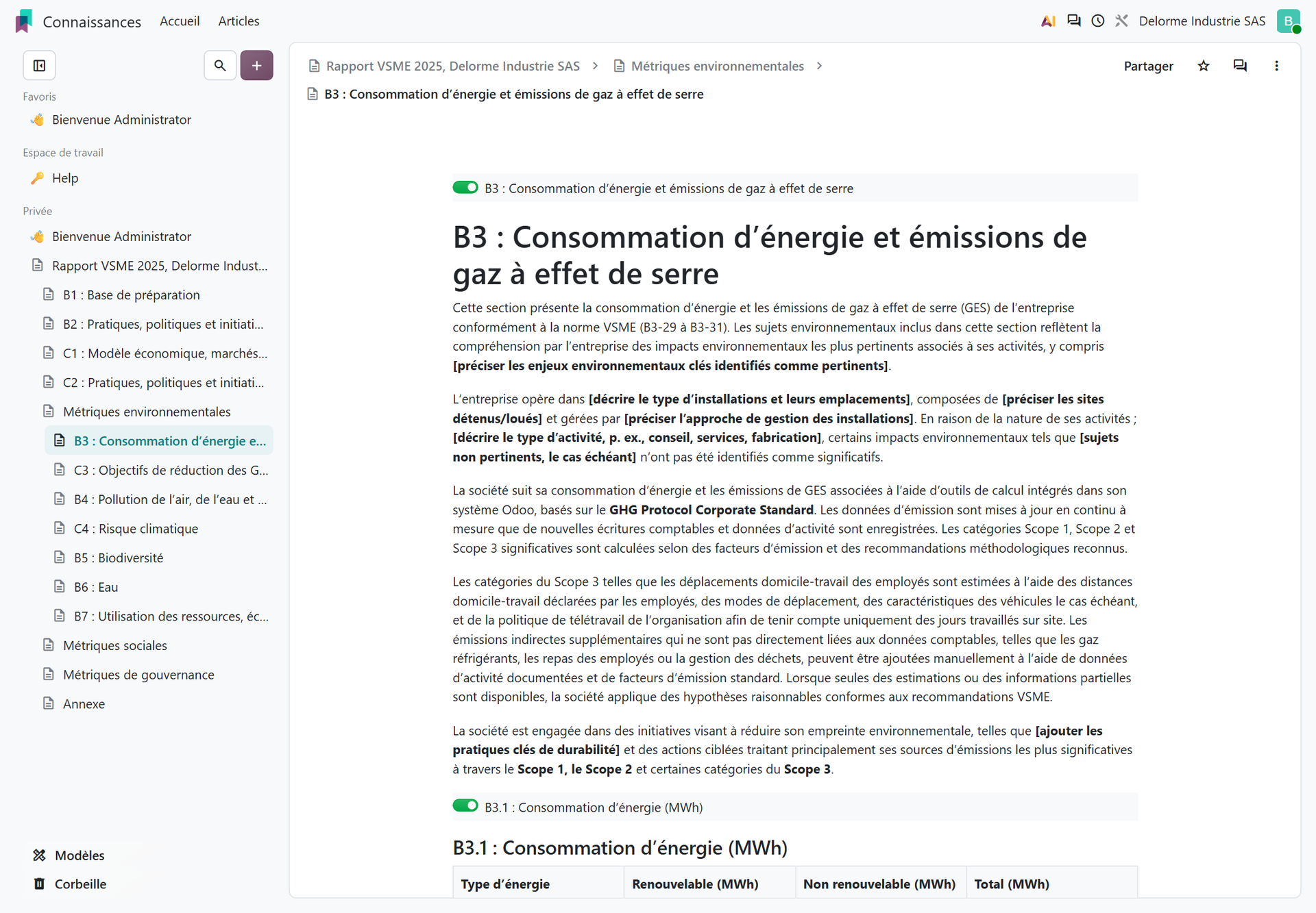 Section B3 du rapport VSME dans l'application Connaissances d'Odoo 20
