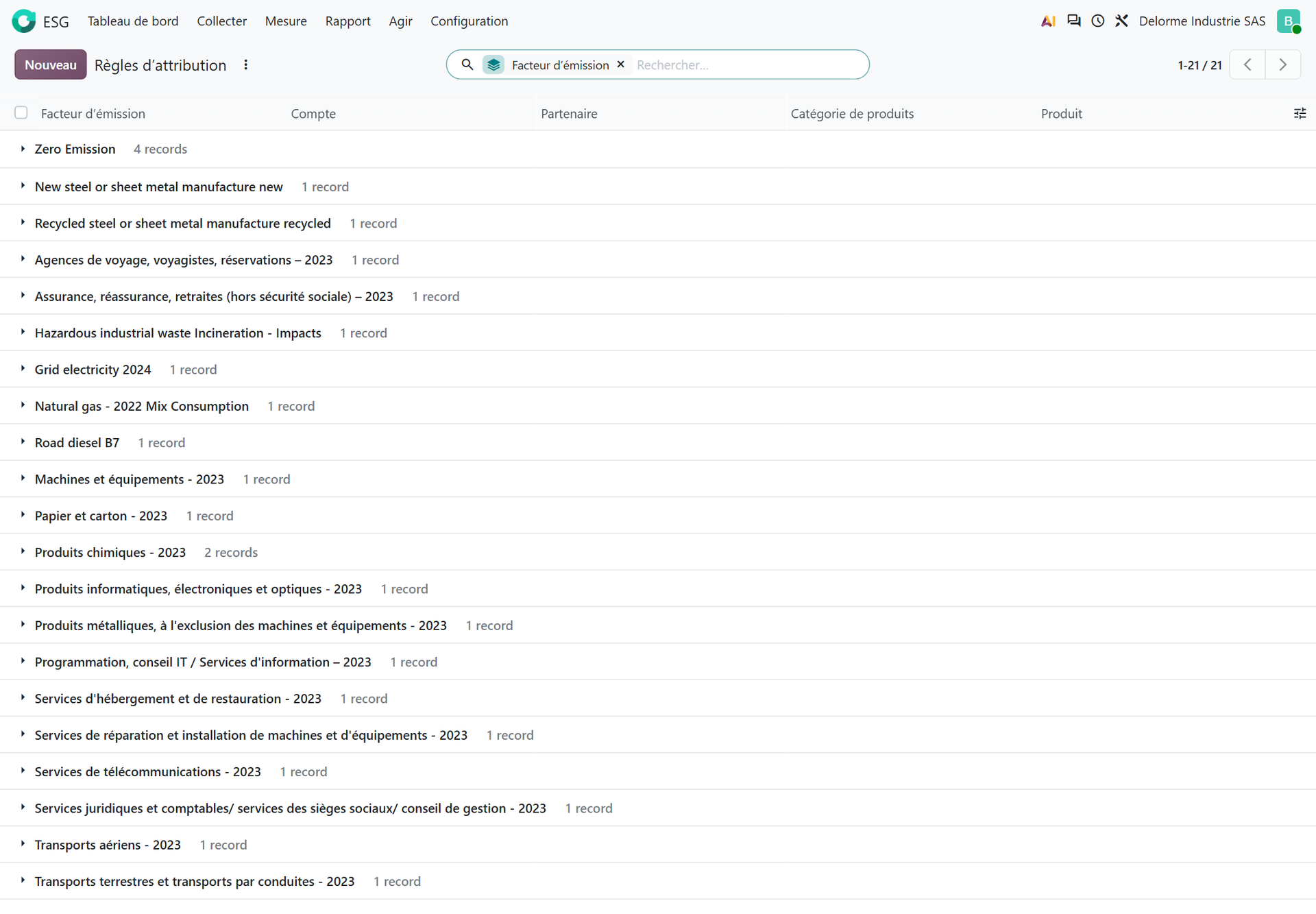 Liste des règles d'attribution des facteurs d'émission dans Odoo 20